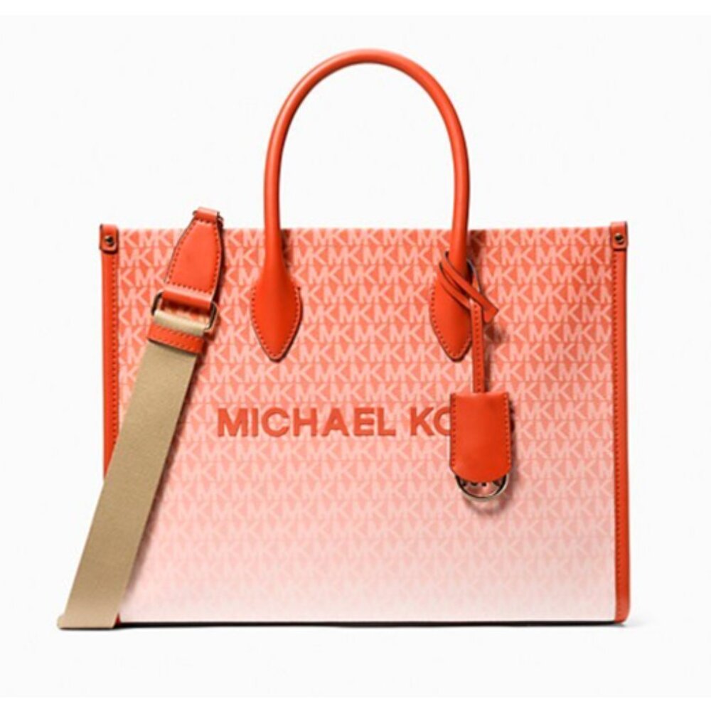 New Michael Kors Mirella Medium Ombré Logo Tote Bag Red Clay